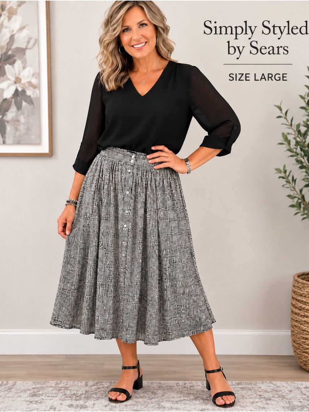 Simply Styled by Sears Black & White Button Front Midi Skirt Size Large
